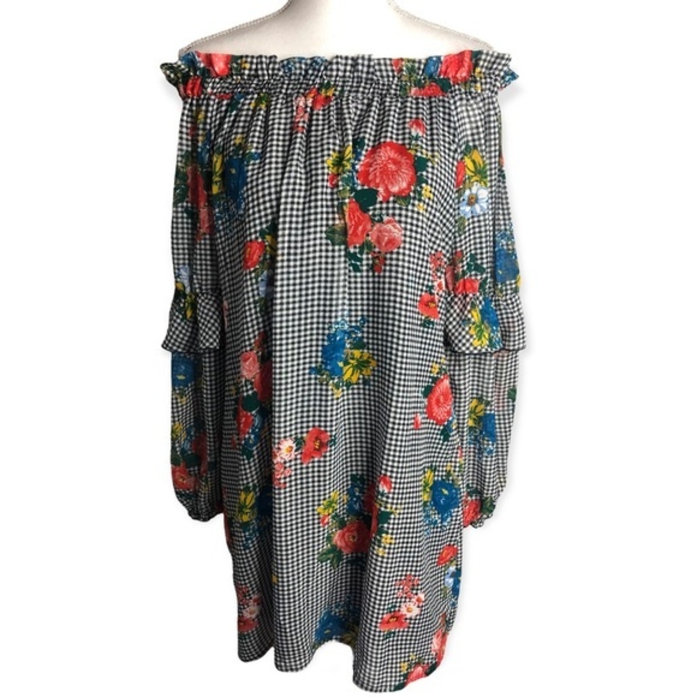 Eyeshadow Plaid Floral Long Sleeve Off-shoulder Ruffle Dress